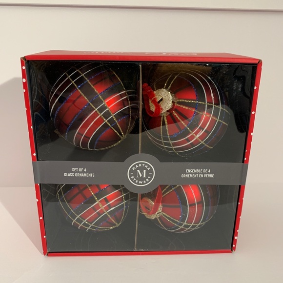 Martha Stewart Ornament Plaid Tartan Red Black Blue Glitter Glass Christmas - Picture 1 of 5